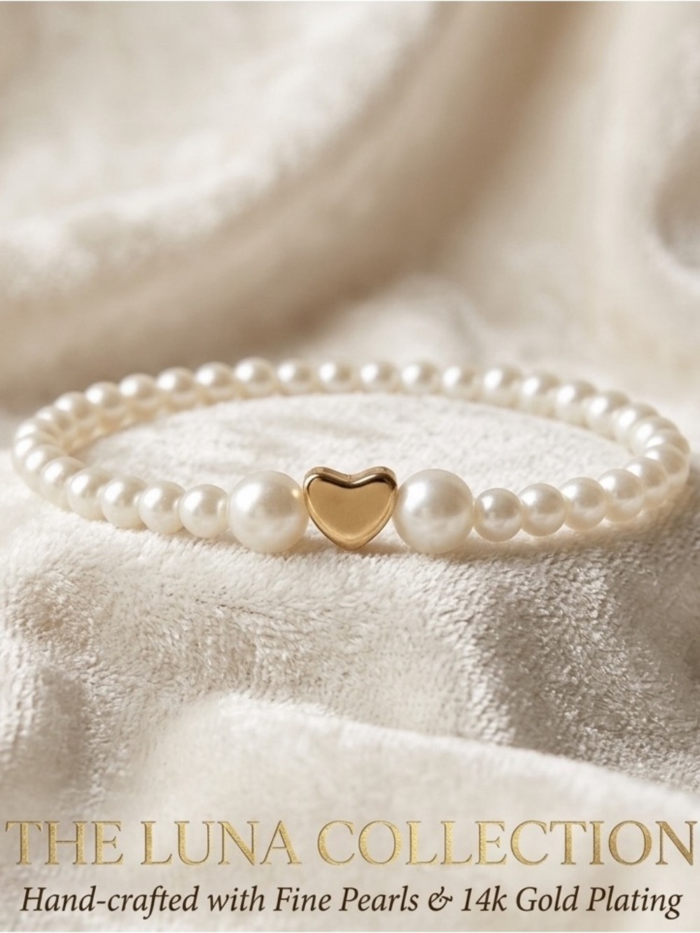 Delicate Minimalist Simple Design Pearl Bracelet with Heart Gold Accent